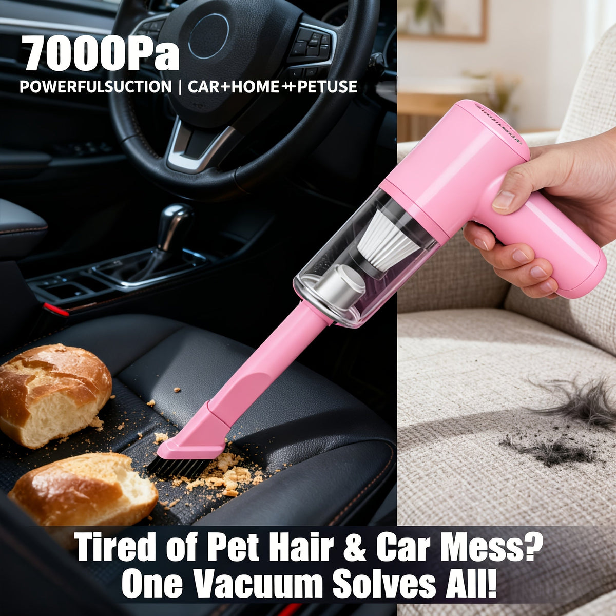 Cordless Car Vacuum Cleaner 7KPa Strong Suction – 80dB Quiet, 3 Nozzles, USB Rechargeable Handheld Portable Auto Vacuum for Car Interior Home Pet Hair, Gift for Women Drivers
