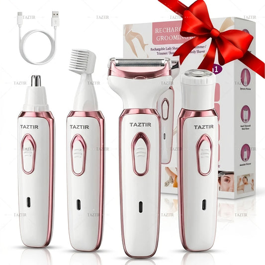 Women's 4-in-1 Rechargeable Electric Razor & Grooming Kit - Lady Shaver for Face, Nose, Legs, Underarm & Bikini - Wet & Dry Painless - Portable - Pink & Luxury Sets A, B & C