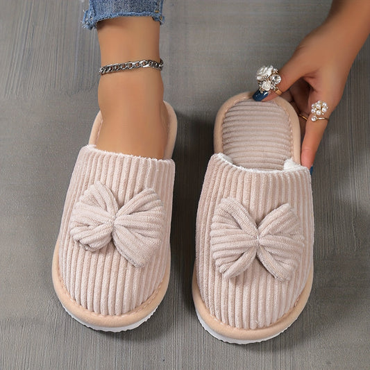 Women's Slip-On Fleece-Lined Slippers with Bow Detail - Cozy EVA Sole Indoor House Shoes - All-Season - US 5.5–10 - Gray, Blue & Gray, Black, Pink & Off-White