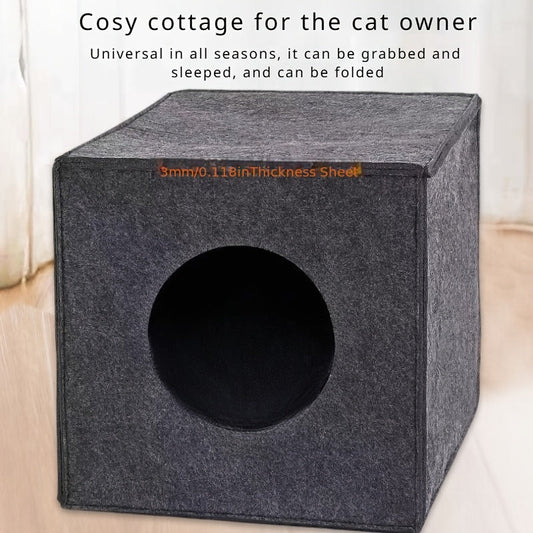 Square Felt Cat Bed Foldable Machine Washable – 3mm Thick Semi-Enclosed Cat House, Won't Collapse, All-Season Indoor Cat Cave for Sleeping & Playing, 13x14.5x13 Inch, Dark Gray & Light Grey
