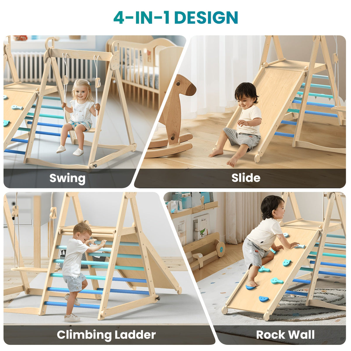 4-in-1 Indoor Wooden Jungle Gym for Toddlers & Kids, A-Frame Climbing Set with Swing, Slide, Climbing Wall & Ladder, Natural Wood Indoor Playground for Active Play & Motor Skill Development