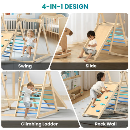 4-in-1 Indoor Wooden Jungle Gym for Toddlers & Kids, A-Frame Climbing Set with Swing, Slide, Climbing Wall & Ladder, Natural Wood Indoor Playground for Active Play & Motor Skill Development