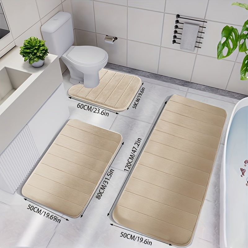3-Piece Memory Foam Striped Bath Mat Set - Non-Slip, Thickened, Quick-Dry & Machine Washable - Soft Bathroom & Shower Room Mats - 10 Colors