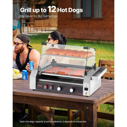 VEVOR Hot Dog Roller Machine 12 Hot Dogs 5 Stainless Steel Rollers Dual Temperature Control Glass Cover Storage Box & Removable Drip Tray for Food Stands Parties & Restaurants – Silver