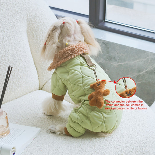 Pet Bodysuit Warm Onesie with Teddy Bear Pendant - Thickened Cat Dog Winter Jumpsuit, Snap Button Easy-On Design, Leash Loop Attached, Indoor Warm Pet Clothes for Cats & Small Dogs