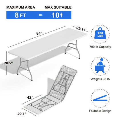 8FT Heavy-Duty Plastic Folding Table with Handles Portable Indoor Outdoor Dining Table for Home Parties Picnics Camping & Events – White & Black
