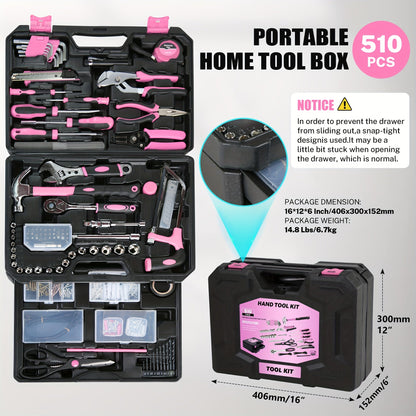 510-Piece Pink Tool Kit Set with 1-Drawer Toolbox Storage Case, Home Repair Mechanics Tool Set with Screwdrivers Pliers Wrenches Sockets, Ergonomic Handles, Portable Organizer for Women & Men