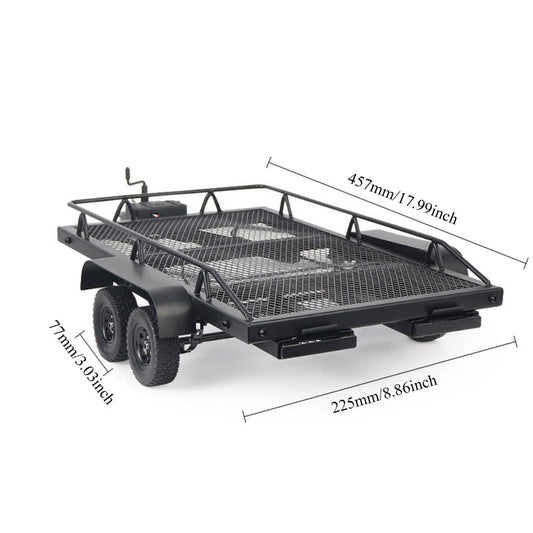 1/10 Scale Dual-Axle Metal Flatbed Trailer for RC Crawler – Compatible with TRX4 KM2 SCX10 RC4WD D90, 815mm Total Length, 50KG+ Load Capacity, Simulation RC Car Accessory