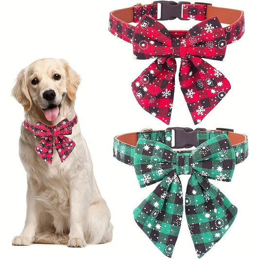 Christmas Dog Collar with Removable Bow Tie – Classic Plaid Red & Green Holiday Pet Collar for Small Medium Large Dogs, Festive Xmas Gift