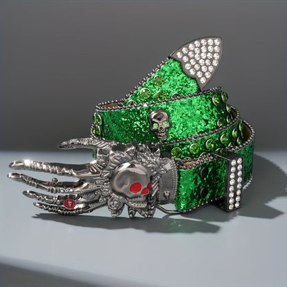 Unisex Punk Skull Belt – Rhinestone-Embellished Faux Leather with Zinc Alloy Skull Buckle, Bold Statement Fashion Accessory for Halloween, Parties & Daily Wear, 5 Colors Available