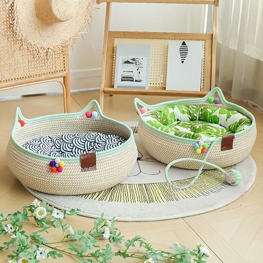 2-in-1 Cat Scratching Board & Bed Combo with Ball Toy – Durable Reusable Cardboard Scratcher Mat, Space-Saving Natural Style Cat Furniture for Indoor Cats, Small Dogs & Multi-Pet Households