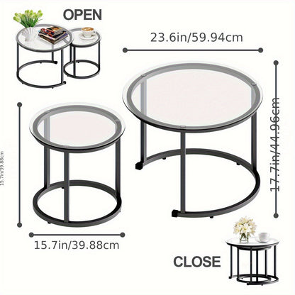 Nesting Glass Coffee Tables Set of 2 – Round Modern Industrial Metal Frame Side Tables for Living Room Bedroom in Clear Gray Striped & Tea Glass with Gold or Black Frame