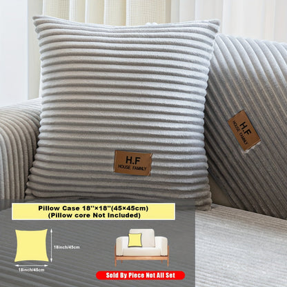 Short Plush Striped Sofa Cover & Cushion - All-Season, Pet-Friendly & Non-Slip - Armchair, Loveseat, 3/4/5-Seater, Backrest, Armrest & Pillowcase - White, Dark Gray, Light Gray, Coffee & Blue