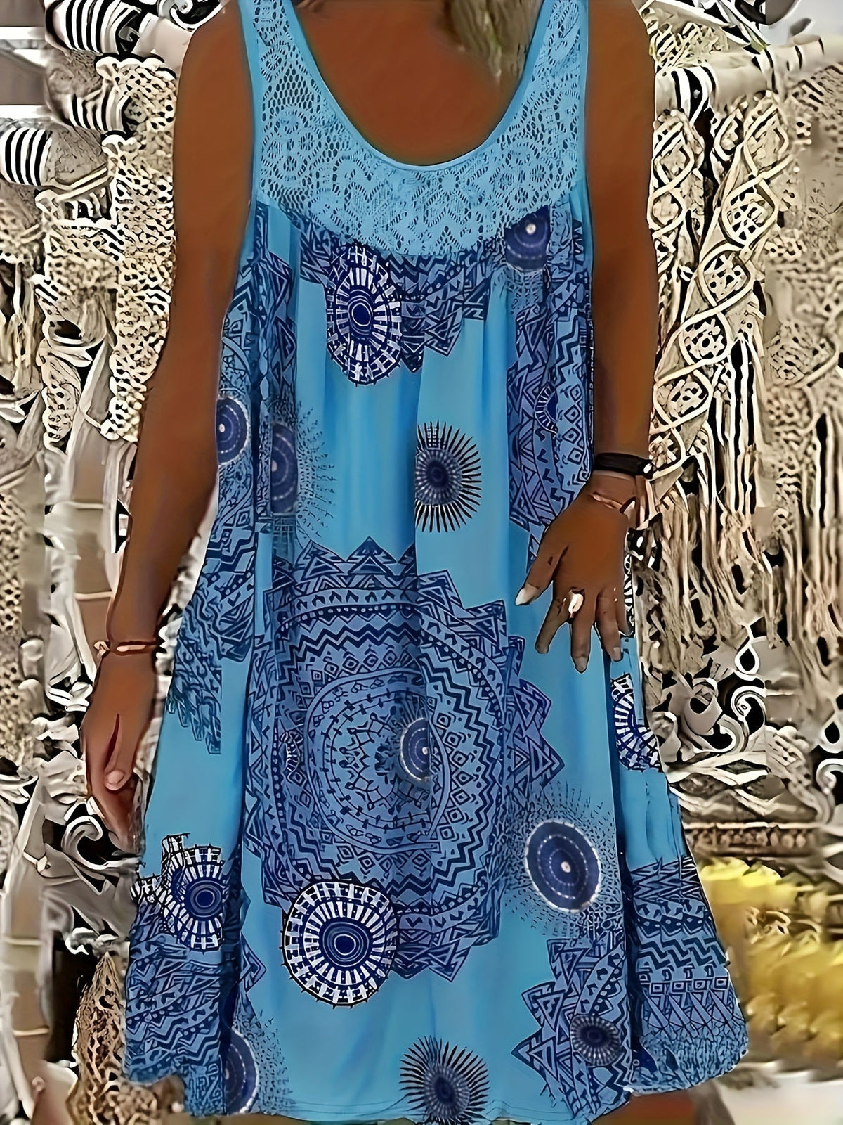 Women's Elegant Sleeveless A-Line Dress - Contrast Lace Hem & Geometric Print - Knee-Length, Round Neck, Machine Washable - Plus Size 0XL–8XL - Purple, Blue, Black, White, Red & More