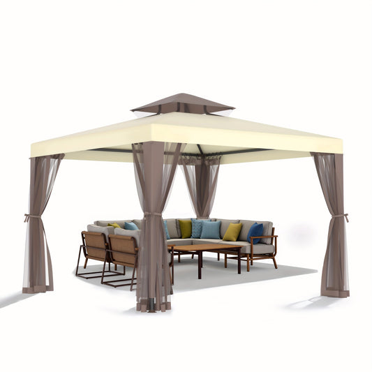 10'x10' Patio Gazebo Tent with Mosquito Netting, 100 Sq Ft Shade Canopy, 90% UV Block, Waterproof 2-Tier Polyester Roof, Rust-Resistant Steel Frame, Drainage Hole, for Garden Backyard Deck Party