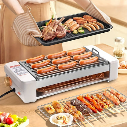 4-in-1 Electric Sausage Grill – Non-Stick Countertop with Adjustable Temperature Detachable Panel Silicone Oil Brush & Three-Tray Dish Easy to Clean for Kitchen & Dormitory Use in White
