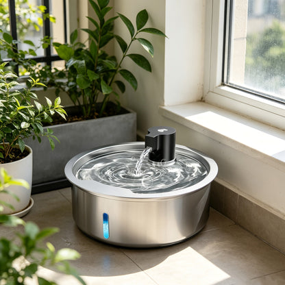 Automatic Pet Water Fountain - 1.85-Gallon Stainless Steel, USB-Powered, for Cats & Dogs & Multi-Pet Households - Includes Filter Cartridges - Silvery