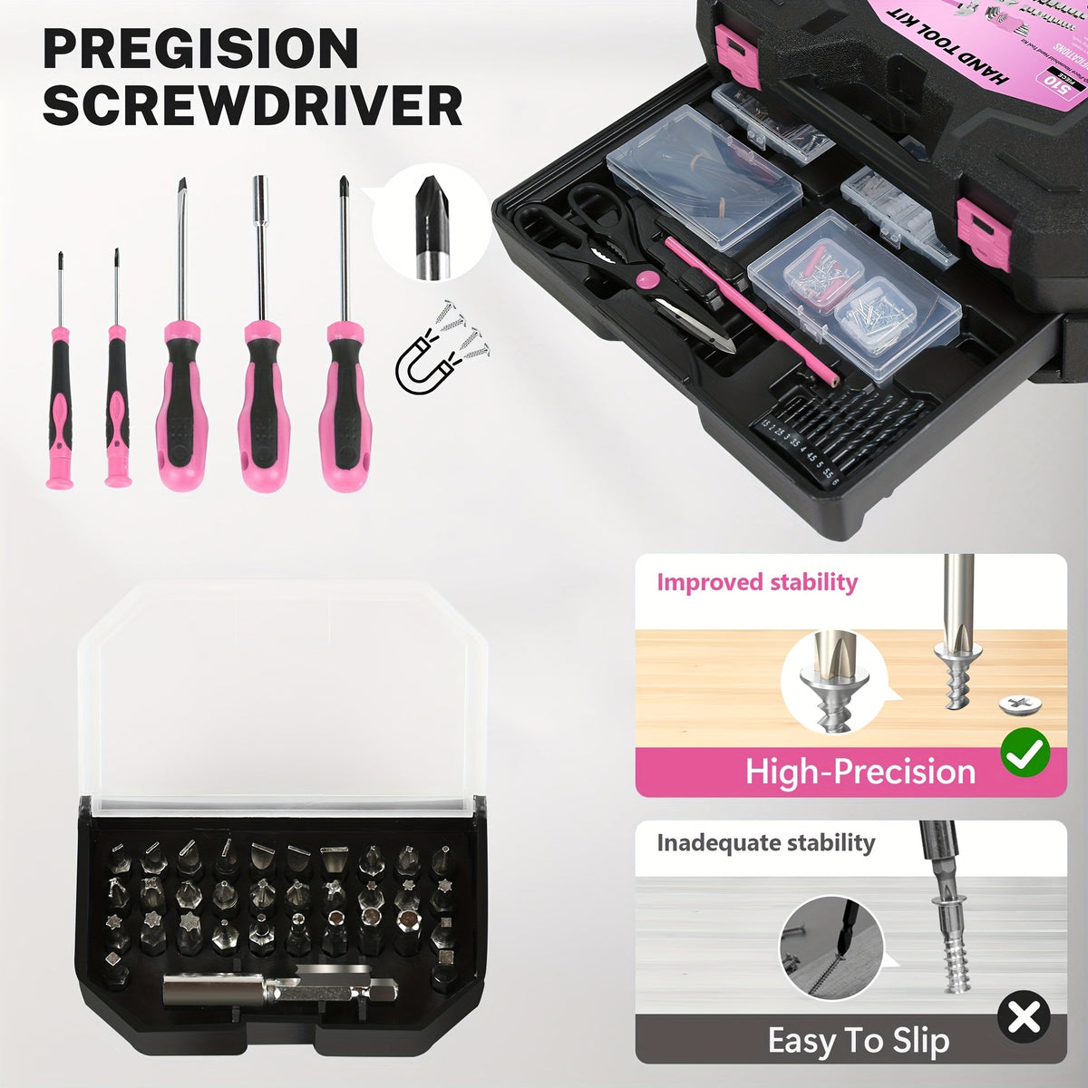 510-Piece Pink Tool Kit Set with 1-Drawer Toolbox Storage Case, Home Repair Mechanics Tool Set with Screwdrivers Pliers Wrenches Sockets, Ergonomic Handles, Portable Organizer for Women & Men