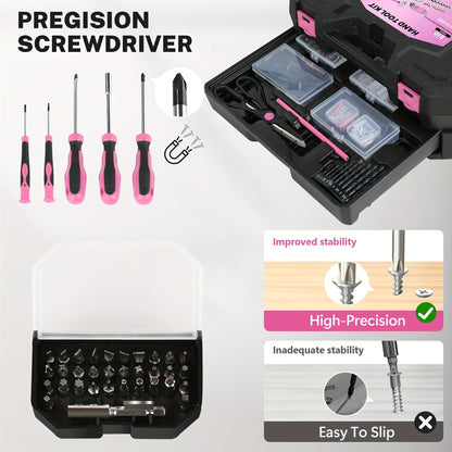 510-Piece Pink Tool Kit Set with 1-Drawer Toolbox Storage Case, Home Repair Mechanics Tool Set with Screwdrivers Pliers Wrenches Sockets, Ergonomic Handles, Portable Organizer for Women & Men