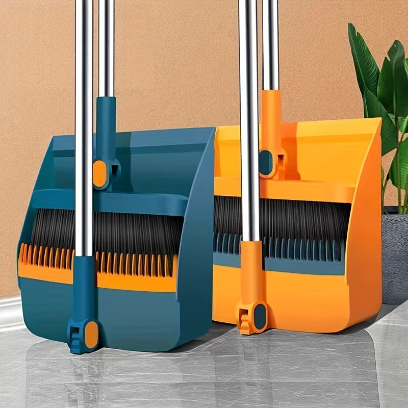 2-Piece Handle Broom & Dustpan Set - Portable Indoor Sweeping Set for Home, Kitchen, Wood Floors & Pet Hair - Standard & Extended Handle - White, Blue & Orange