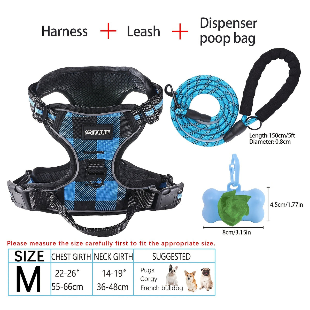 4-Piece Dog Harness and Leash Set No-Pull No-Choke Reflective Oxford Vest Harness with Leash Poop Bag Dispenser Easy Control Handle for Medium Large Dogs Outdoor Training Walking
