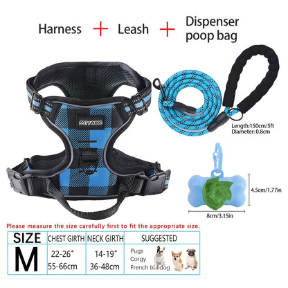 4-Piece Dog Harness and Leash Set No-Pull No-Choke Reflective Oxford Vest Harness with Leash Poop Bag Dispenser Easy Control Handle for Medium Large Dogs Outdoor Training Walking
