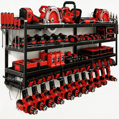 50" Wall Mount Power Tool Organizer, 600 lbs Capacity, 4-Tier Heavy Duty, Holds 12 Cordless Drills, Battery Tool Storage Rack, for Garage, Shed, Workbench & Workshop