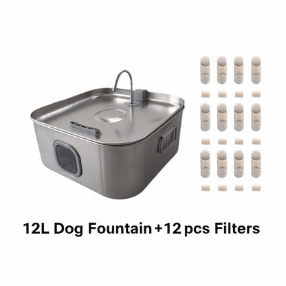IDEAZOOS Large Dog Water Fountain 12L / 3.17 Gal - 304 Stainless Steel, Ultra Quiet, Water Level Window, Dry Burn Protection, Red/Blue Indicator - Easy to Clean, No Battery - Multi-Pet