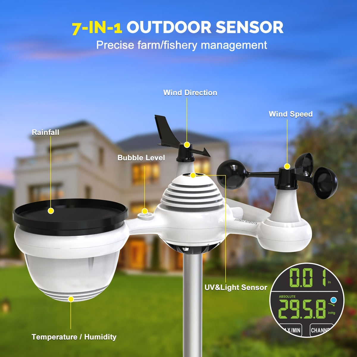 7-in-1 WiFi Weather Station with Color LED Display, Indoor & Outdoor, Rain Gauge, Anemometer, Wind Vane, UV Index, Temperature, Humidity, Weather Forecast, Clock & Alarm