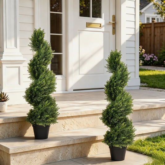 Artificial Spiral Topiary Trees 2pcs 3FT or 4FT, Faux Boxwood Cedar Outdoor Fake Plants All-Year Green for Porch Entryway Patio Garden Indoor Decor, Light Green Dark Green Milan Leaf