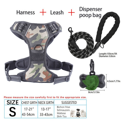 4-Piece Dog Harness and Leash Set No-Pull No-Choke Reflective Oxford Vest Harness with Leash Poop Bag Dispenser Easy Control Handle for Medium Large Dogs Outdoor Training Walking