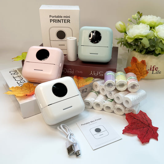 Portable Mini Thermal Printer Kit - Photo, Label & Text Printing - Starter & Full Bundle Options with Paper Rolls, Stickers & Colored Pens - White, Green & Pink - Office, Study & Home Gift