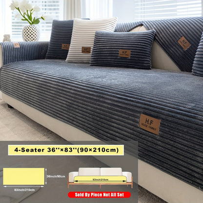 Short Plush Striped Sofa Cover & Cushion - All-Season, Pet-Friendly & Non-Slip - Armchair, Loveseat, 3/4/5-Seater, Backrest, Armrest & Pillowcase - White, Dark Gray, Light Gray, Coffee & Blue