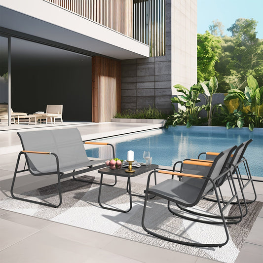 4-Piece Patio Conversation Set with Breathable Textilene Loveseat Rocking Chairs Wide Armrests Storage Pockets & All-Weather Coffee Table for Backyard – Black or Gray