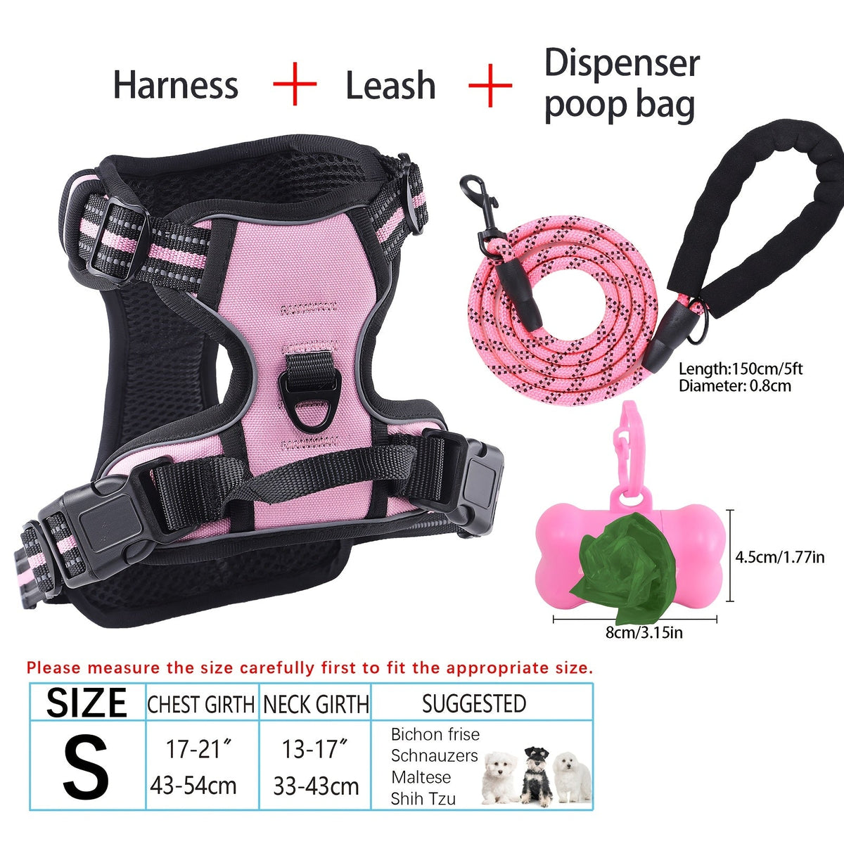 4-Piece Dog Harness and Leash Set No-Pull No-Choke Reflective Oxford Vest Harness with Leash Poop Bag Dispenser Easy Control Handle for Medium Large Dogs Outdoor Training Walking
