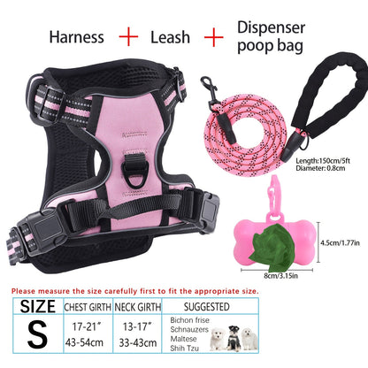 4-Piece Dog Harness and Leash Set No-Pull No-Choke Reflective Oxford Vest Harness with Leash Poop Bag Dispenser Easy Control Handle for Medium Large Dogs Outdoor Training Walking