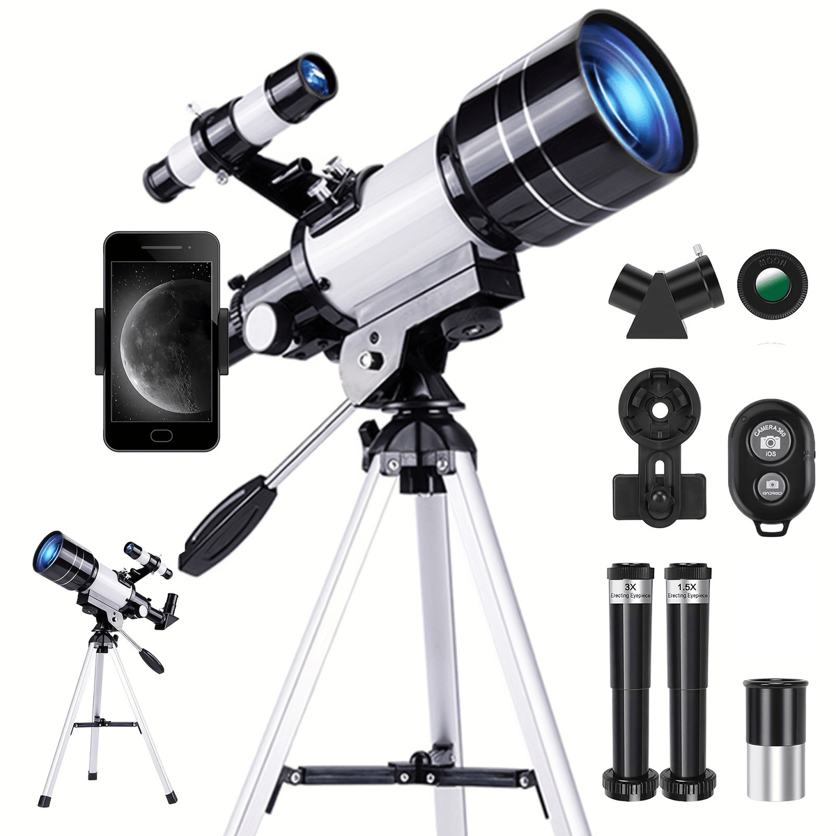 150X Portable Astronomical Telescope - 70mm Aperture, Tripod, Phone Holder, Eyepiece & Barlow Lens - Adults & Nature Education - White+Black, Blue, Black & White+Blue