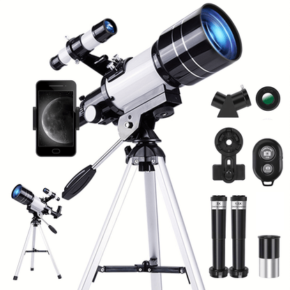 150X Portable Astronomical Telescope - 70mm Aperture, Tripod, Phone Holder, Eyepiece & Barlow Lens - Adults & Nature Education - White+Black, Blue, Black & White+Blue