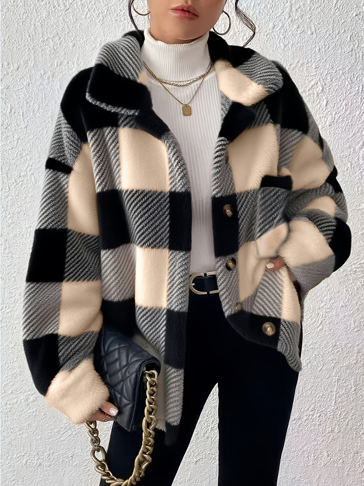 Women's Plaid Plush Button-Front Jacket – Elegant Casual Fuzzy Coat Warm Cozy Outerwear Autumn Winter Daily Wear