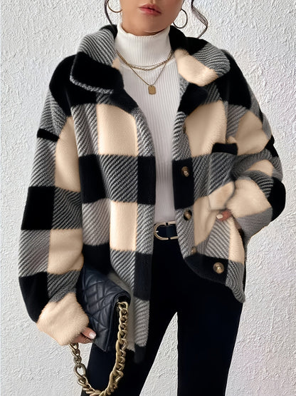 Women's Plaid Plush Button-Front Jacket – Elegant Casual Fuzzy Coat Warm Cozy Outerwear Autumn Winter Daily Wear