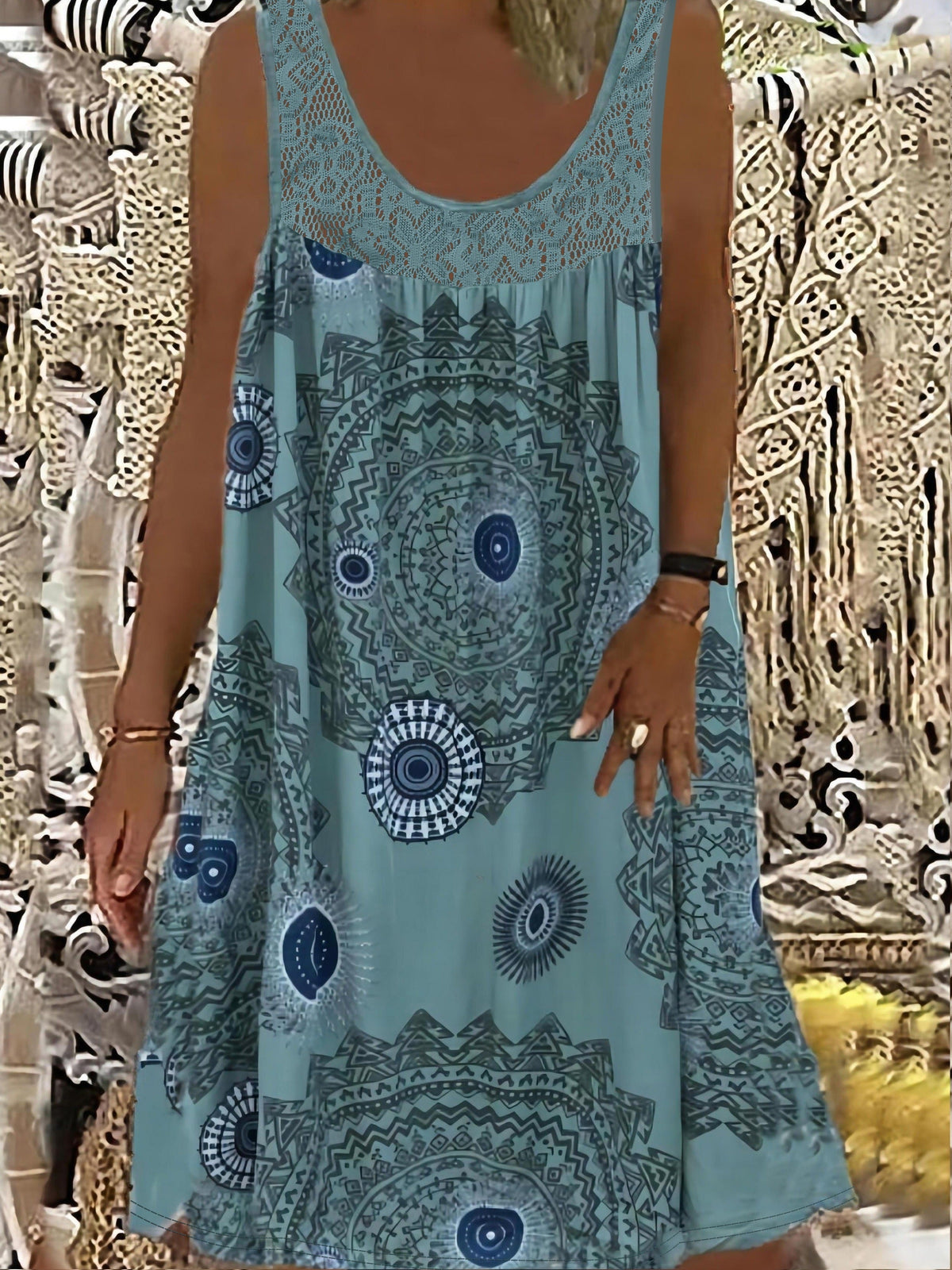 Women's Elegant Sleeveless A-Line Dress - Contrast Lace Hem & Geometric Print - Knee-Length, Round Neck, Machine Washable - Plus Size 0XL–8XL - Purple, Blue, Black, White, Red & More