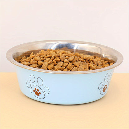 Stainless Steel Dog Bowl with Cute Footprint Pattern Durable Non-Slip Pet Food Water Bowl for Dogs Indoor Outdoor Use Sizes S M L XL Colors Beige Pink Blue