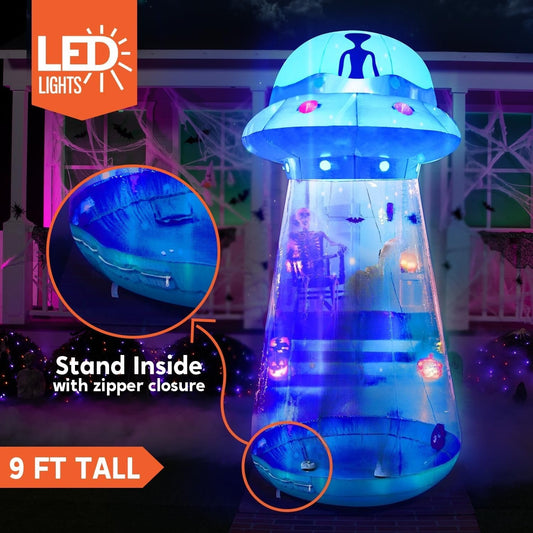 9-Foot Inflatable Halloween UFO Decoration with Color-Changing LED Lights, 4x4x9 ft, Blue Rim, Ground Stakes & Sandbags Included, Indoor Outdoor Yard Garden Party Decor