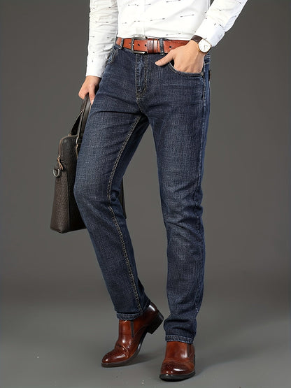 Men's Solid Denim Jeans - Straight Leg, Slight Stretch, Light Business Style - Outdoor, Casual & Daily Wear - Waist 30–40 - Sky Blue & Black Gray