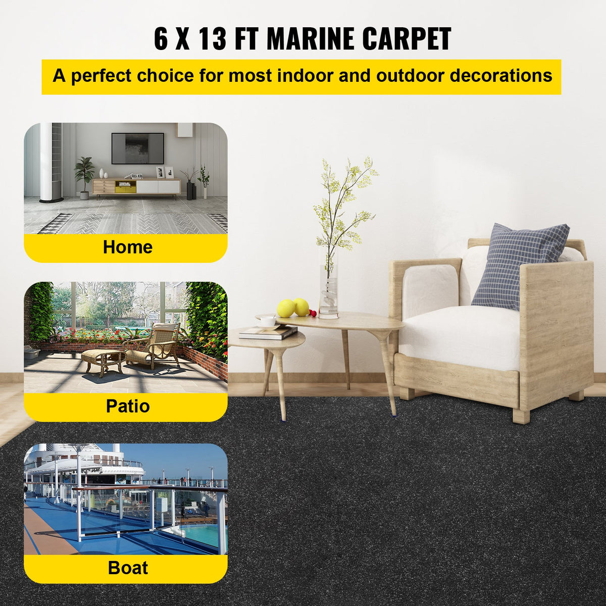 Marine Boat Carpet 6ft x 13.1ft, Waterproof, Anti-Slip Ribbed Surface, Rubber Waterproof Backing, 0.18" Thickness, Cuttable to Any Shape, Easy Clean, for Boat Deck Patio Dock Garage, Black