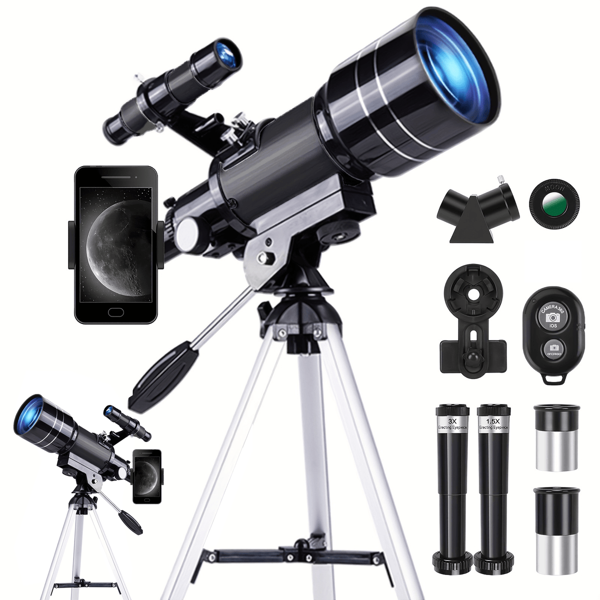 150X Portable Astronomical Telescope - 70mm Aperture, Tripod, Phone Holder, Eyepiece & Barlow Lens - Adults & Nature Education - White+Black, Blue, Black & White+Blue