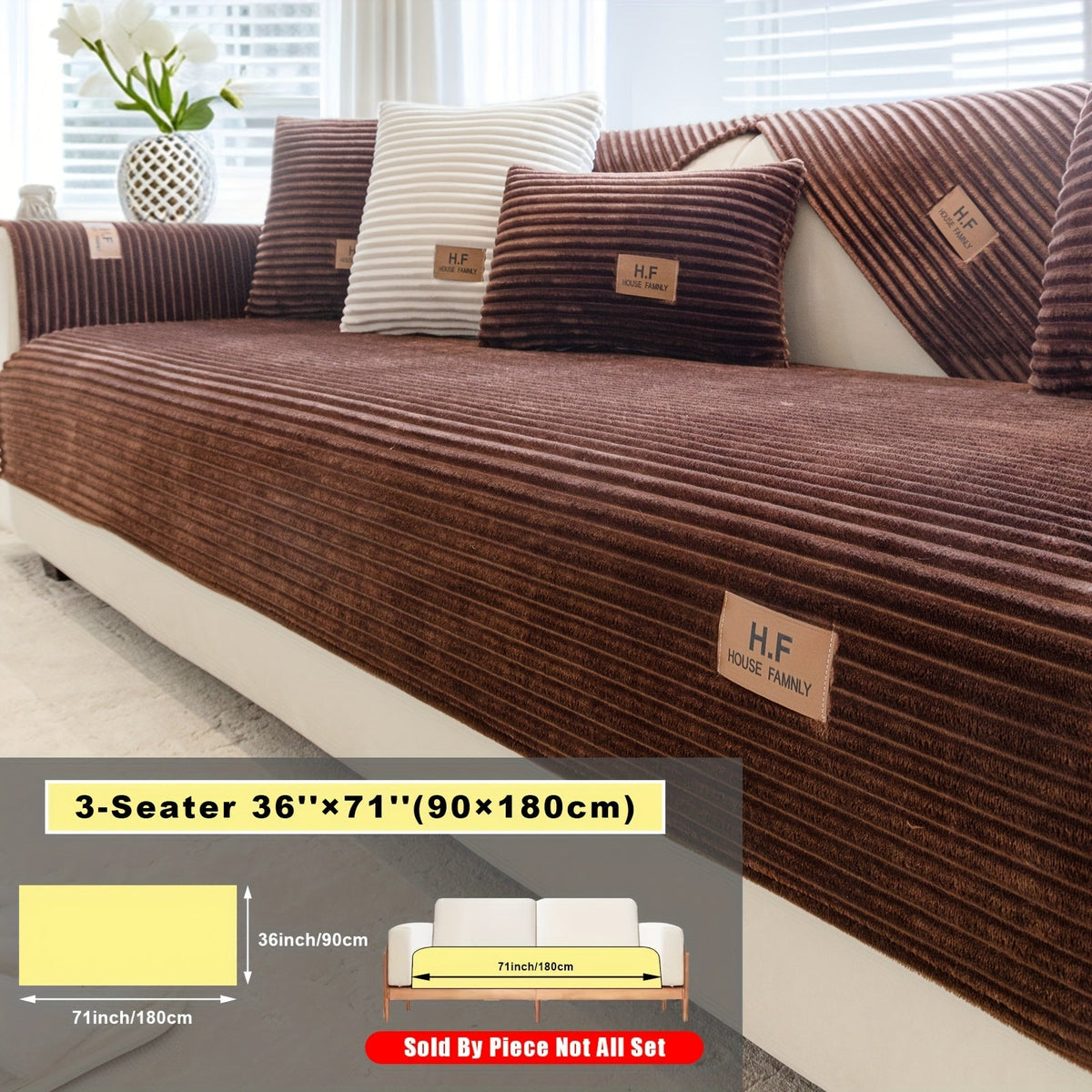 Short Plush Striped Sofa Cover & Cushion - All-Season, Pet-Friendly & Non-Slip - Armchair, Loveseat, 3/4/5-Seater, Backrest, Armrest & Pillowcase - White, Dark Gray, Light Gray, Coffee & Blue
