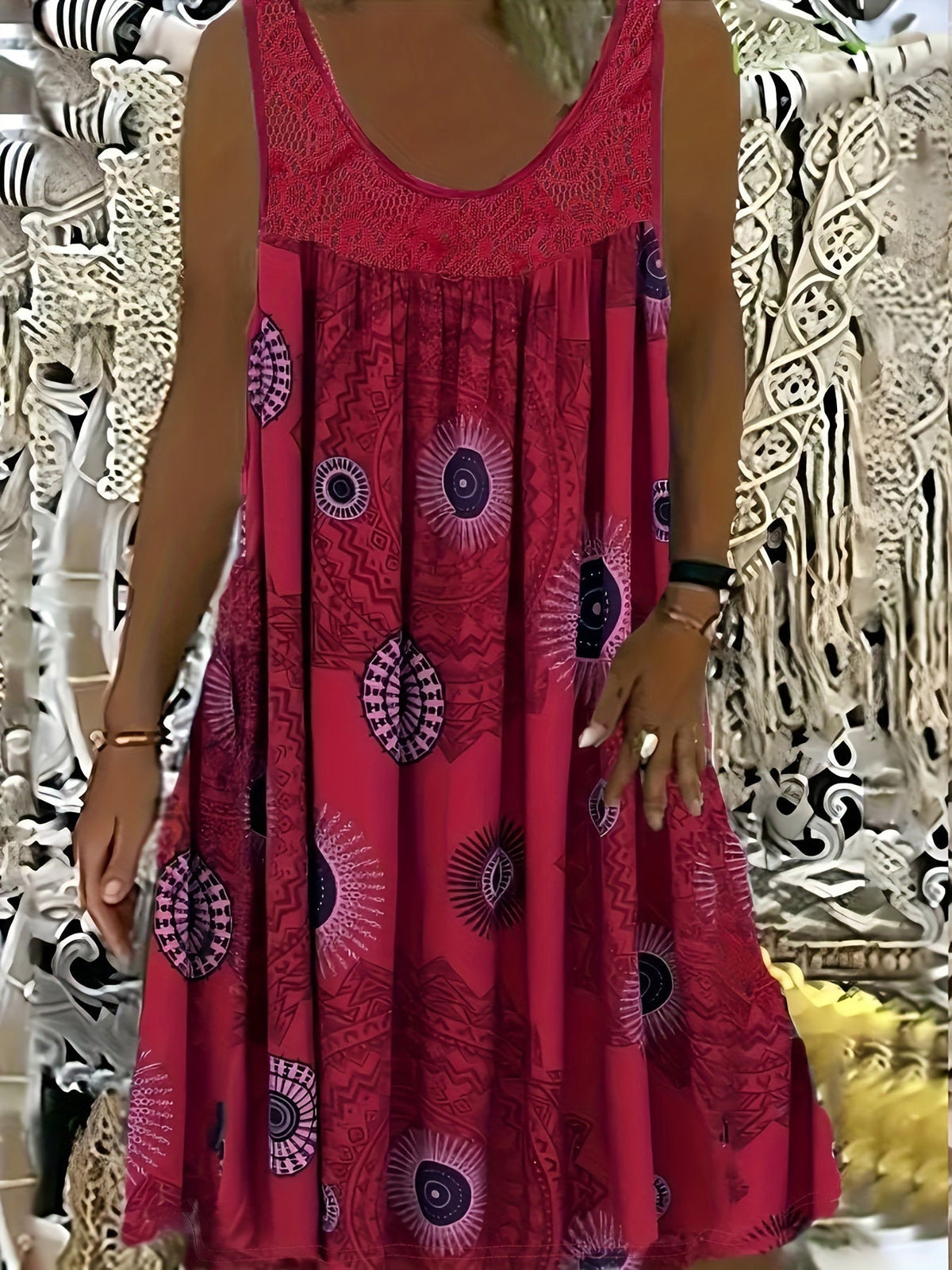 Women's Elegant Sleeveless A-Line Dress - Contrast Lace Hem & Geometric Print - Knee-Length, Round Neck, Machine Washable - Plus Size 0XL–8XL - Purple, Blue, Black, White, Red & More