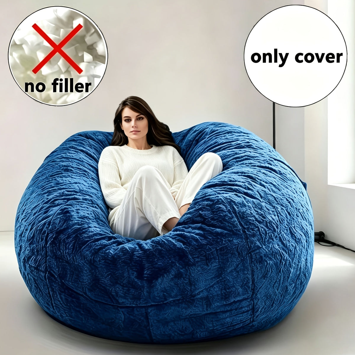 Large Round Bean Bag Bed Cover - Machine Washable, Soft Lazy Sofa Cover for Adults, No Filler Included - Living Room, Dorm & Bedroom - Light Grey, Black, Blue & Brown