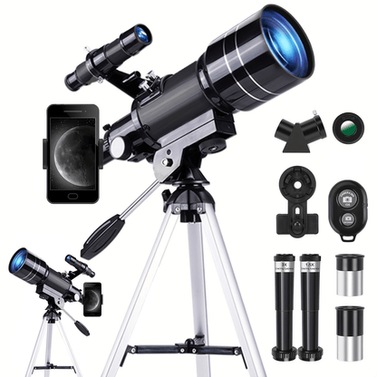 150X Portable Astronomical Telescope - 70mm Aperture, Tripod, Phone Holder, Eyepiece & Barlow Lens - Adults & Nature Education - White+Black, Blue, Black & White+Blue
